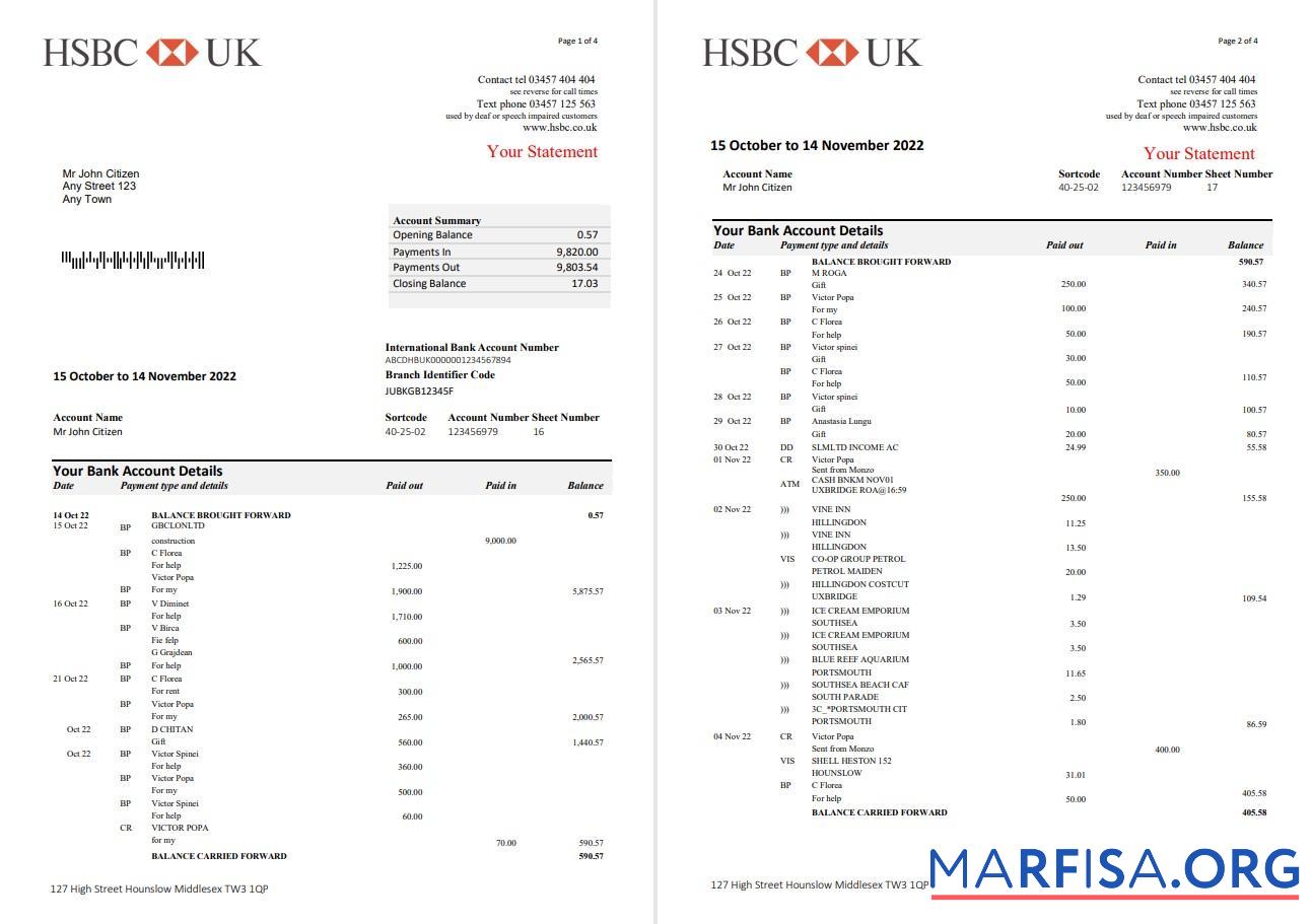 Downloadable United Kingdom HSBC bank statement word 5 pages example